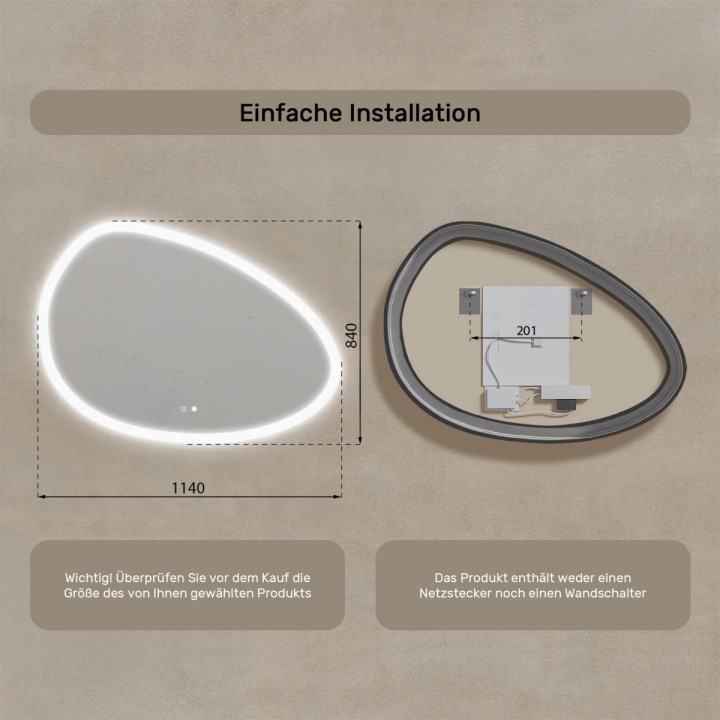 114x84 cm Beleuchteter unregelmäßiger Spiegel, 114x84cm, Zweifarbig, Touch-Schalter, Heizmatte