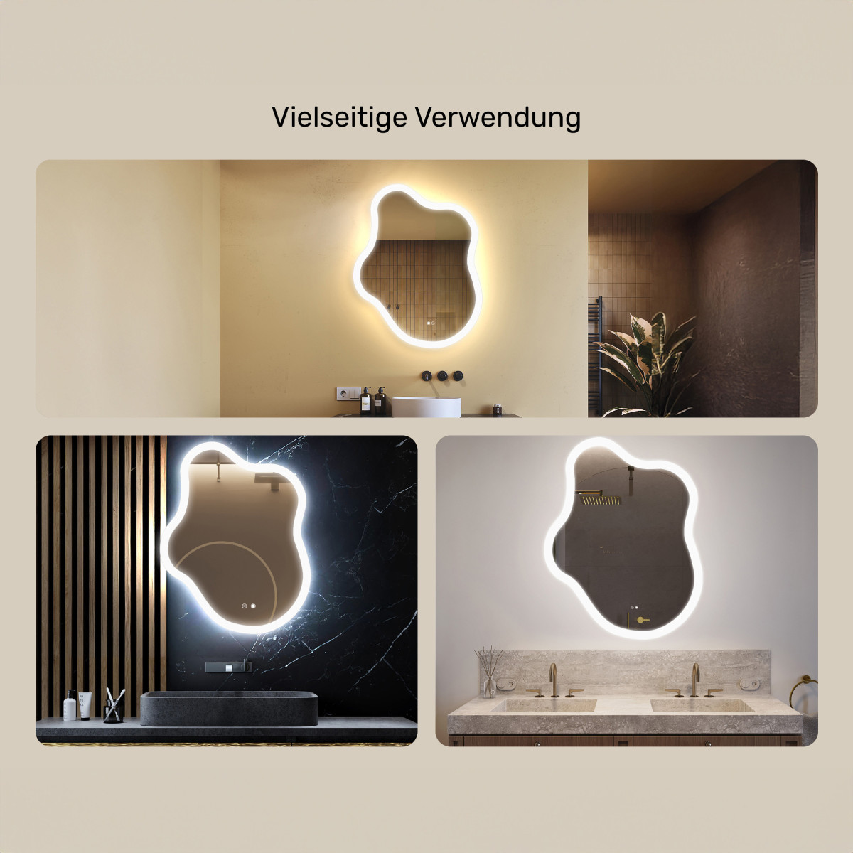 74x94 cm Unregelmäßiger Spiegel mit Beleuchtung, 74x94cm, Zweifarbig, Touch-Schalter, Heizmatte