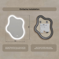 74x94 cm Unregelmäßiger Spiegel mit Beleuchtung, 74x94cm, Zweifarbig, Touch-Schalter, Heizmatte