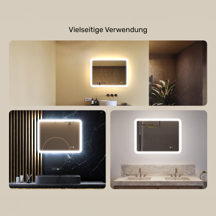 80x60 cm Abgerundeter Badezimmerspiegel mit LED-Beleuchtung, 80x60cm, Zweifarbig, Touch-Schalter, Heizmatte
