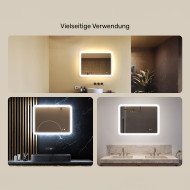 80x60 cm Abgerundeter Badezimmerspiegel mit LED-Beleuchtung, 80x60cm, Zweifarbig, Touch-Schalter, Heizmatte