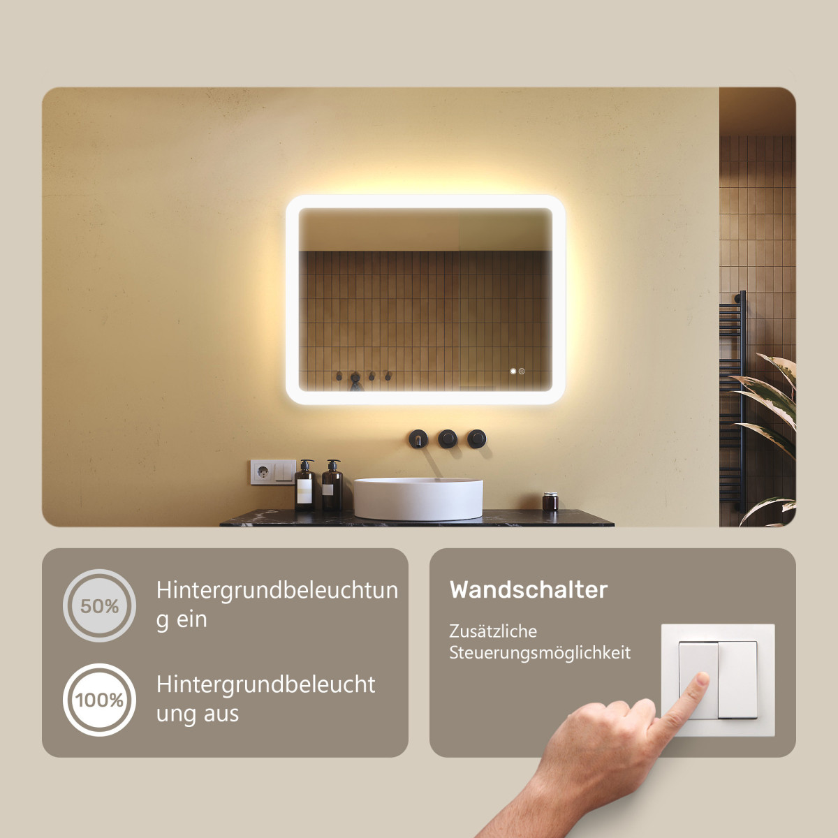 80x60 cm Abgerundeter Badezimmerspiegel mit LED-Beleuchtung, 80x60cm, Zweifarbig, Touch-Schalter, Heizmatte