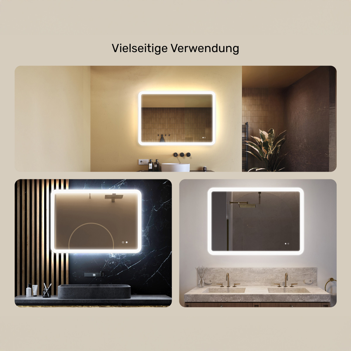100x70 cm Abgerundeter Badezimmerspiegel mit LED-Beleuchtung, 100x70cm, Zweifarbig, Berührungsempfindlicher Schalter, Heizmatte