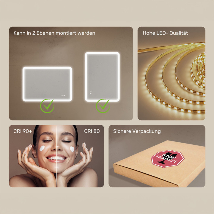 100x70 cm Abgerundeter Badezimmerspiegel mit LED-Beleuchtung, 100x70cm, Zweifarbig, Berührungsempfindlicher Schalter, Heizmatte