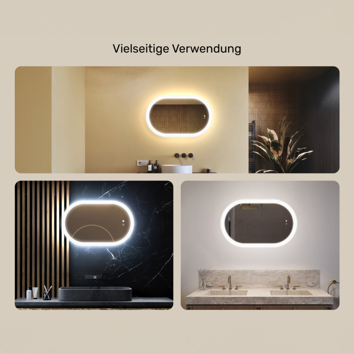 Ovaler LED-Badspiegel 80 × 50 cm mit Touch-Schalter und Spiegelheizung