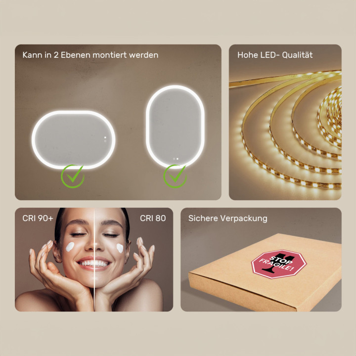 Ovaler LED-Badspiegel 100 × 70 cm mit Touch-Schalter und Spiegelheizung