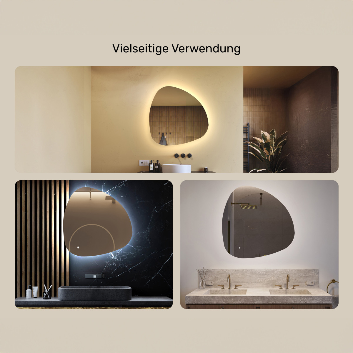 84x84 cm Unregelmäßig beleuchteter Spiegel, 84x84cm, Zweifarbig, Touch-Schalter, Heizmatte