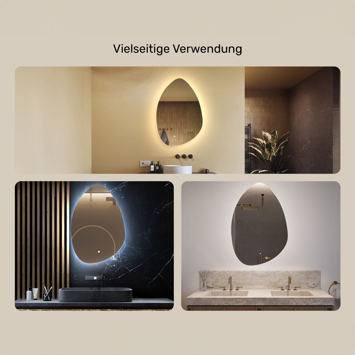 64x94 cm Unregelmäßiger Spiegel mit Beleuchtung, 64x94cm, Zweifarbig, Touch-Schalter