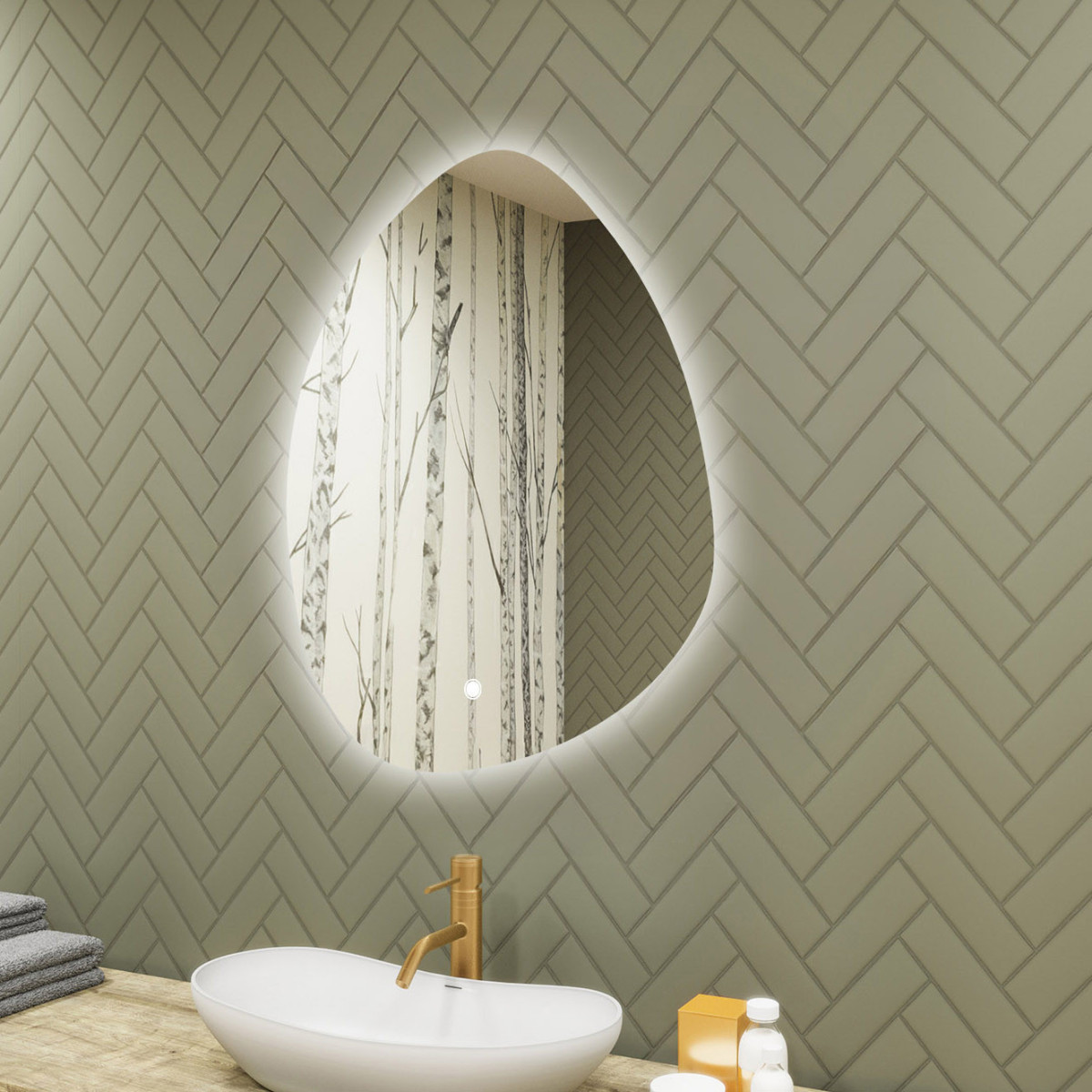 64x94 cm Unregelmäßiger Spiegel mit Beleuchtung, 64x94cm, Zweifarbig, Touch-Schalter