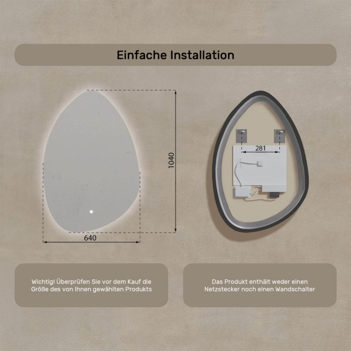 64x94 cm Unregelmäßiger Spiegel mit Beleuchtung, 64x94cm, Zweifarbig, Touch-Schalter
