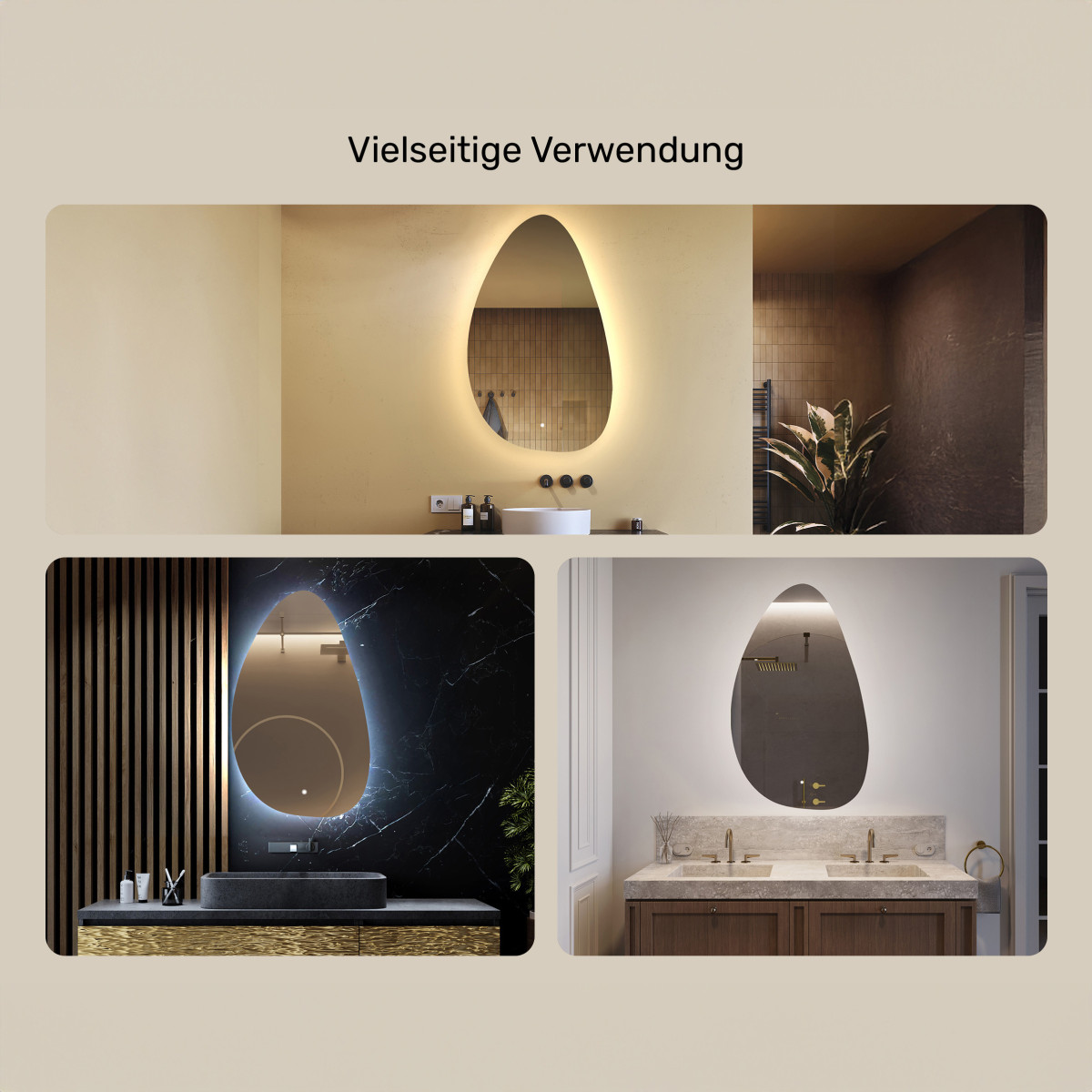 64x104 cm Unregelmäßiger Spiegel mit Beleuchtung, 64x104cm, Zweifarbig, Berührungsempfindlicher Schalter