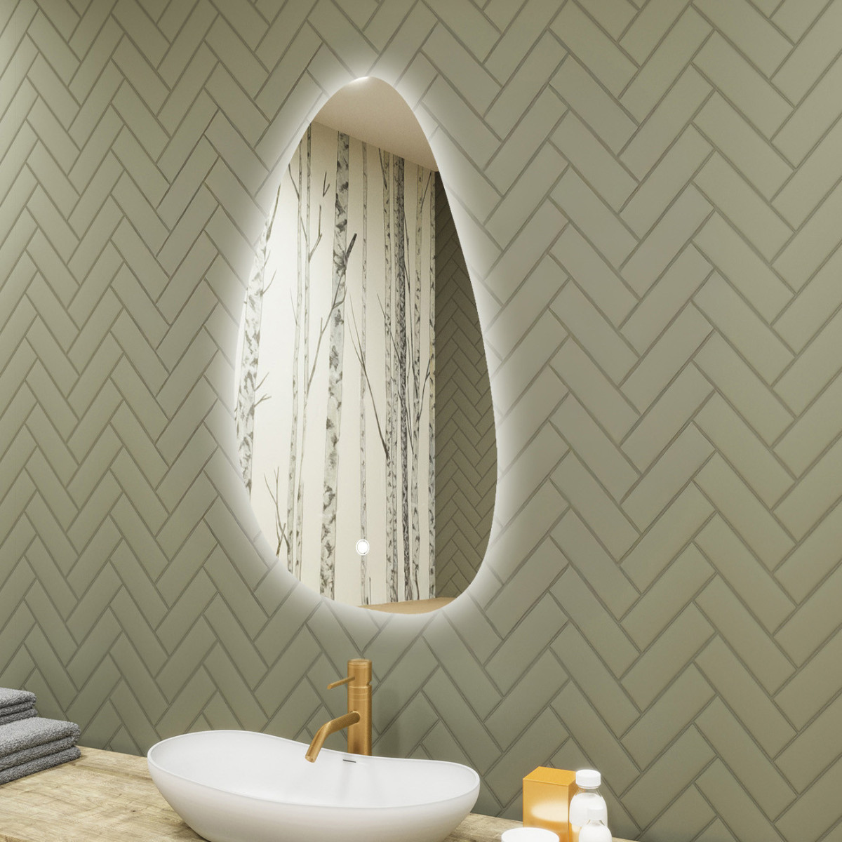 64x104 cm Unregelmäßiger Spiegel mit Beleuchtung, 64x104cm, Zweifarbig, Berührungsempfindlicher Schalter