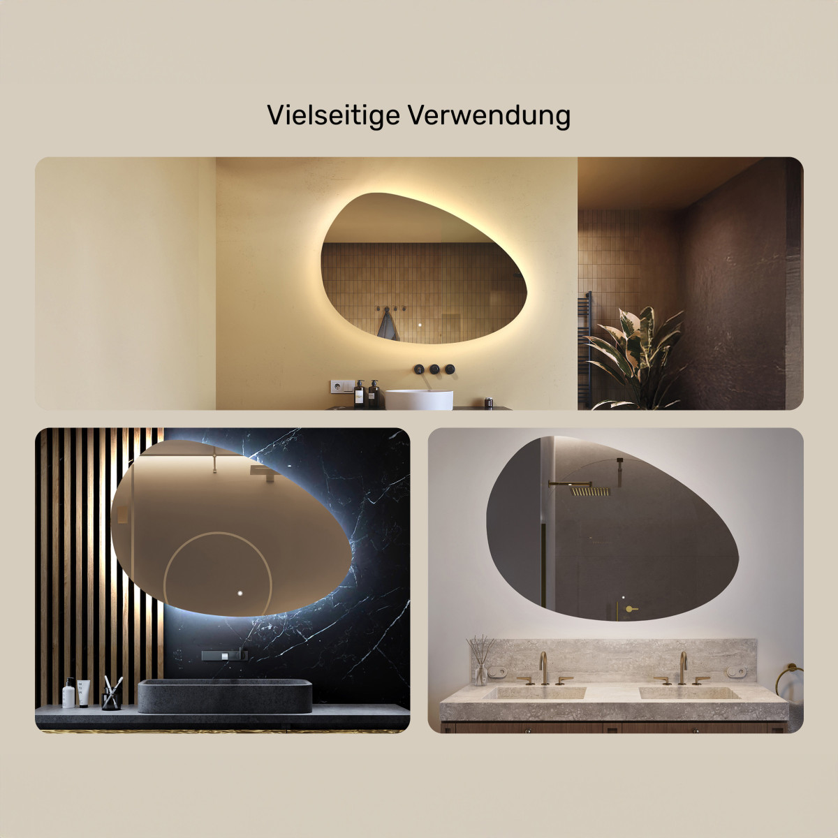 114x84 cm Unregelmäßiger Spiegel mit Beleuchtung, 114x84cm, Zweifarbig, Berührungsempfindlicher Schalter