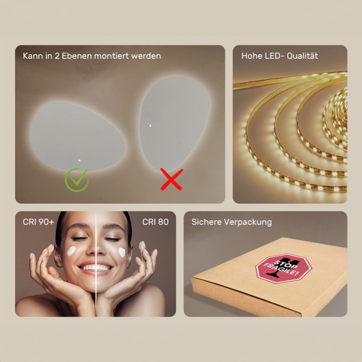 114x84 cm Unregelmäßiger Spiegel mit Beleuchtung, 114x84cm, Zweifarbig, Berührungsempfindlicher Schalter