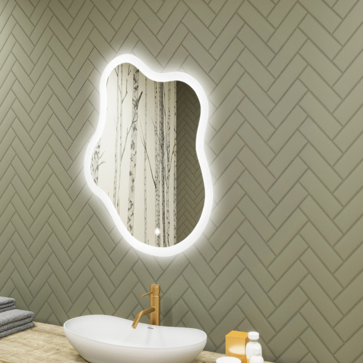 74x94 cm Unregelmäßiger Spiegel mit Beleuchtung, 74x94cm, Zweifarbig, Berührungsschalter