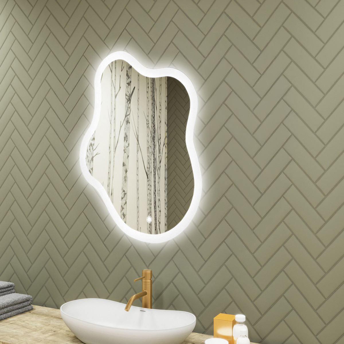 74x94 cm Unregelmäßiger Spiegel mit Beleuchtung, 74x94cm, Zweifarbig, Berührungsschalter