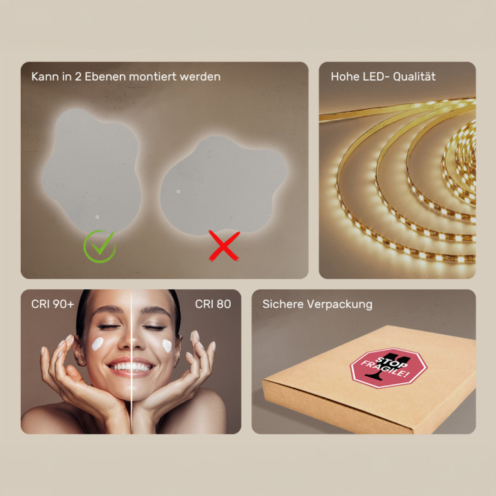 74x94 cm Unregelmäßiger Spiegel mit Beleuchtung, 74x94cm, Zweifarbig, Berührungsschalter