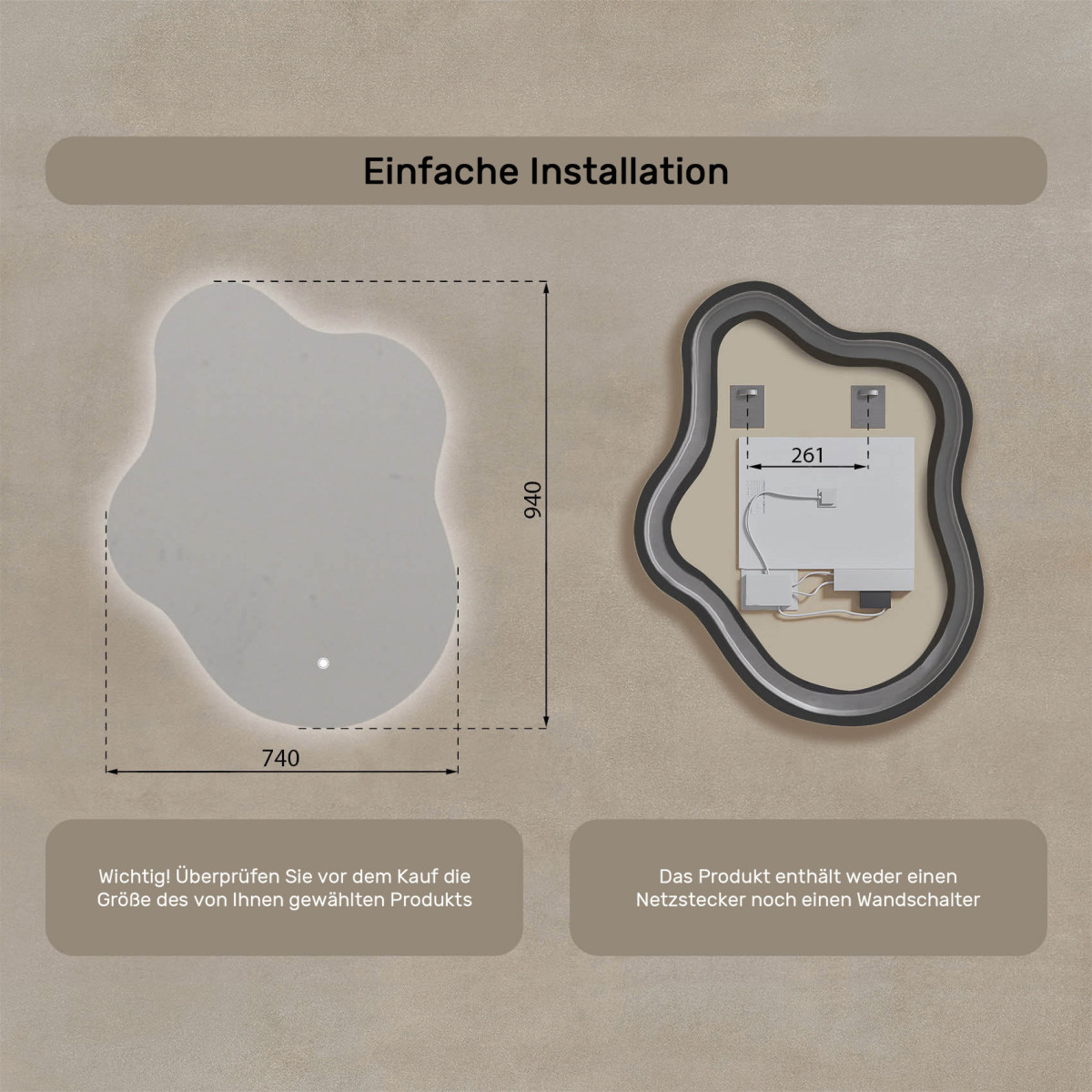 74x94 cm Unregelmäßiger Spiegel mit Beleuchtung, 74x94cm, Zweifarbig, Berührungsschalter