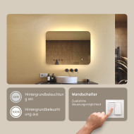 80x60 cm Abgerundeter Badezimmerspiegel mit LED-Beleuchtung, 80x60cm, Zweifarbig, Touch-Schalter