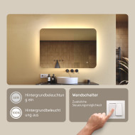 100x70 cm Abgerundeter Badezimmerspiegel mit LED-Beleuchtung, 100x70cm, Zweifarbig, Touch-Schalter