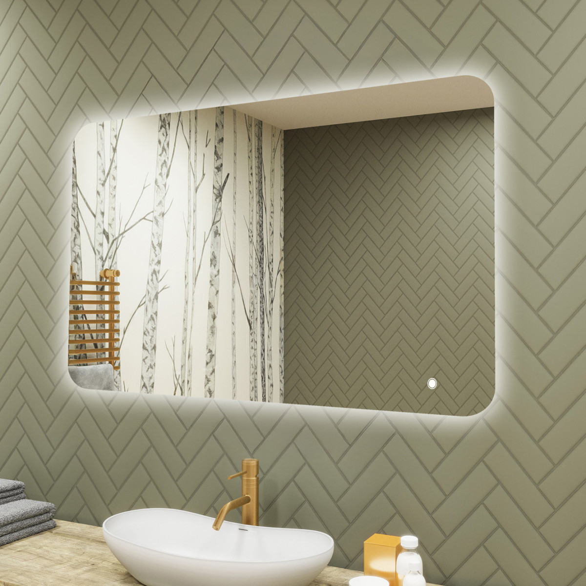 100x70 cm Abgerundeter Badezimmerspiegel mit LED-Beleuchtung, 100x70cm, Zweifarbig, Touch-Schalter