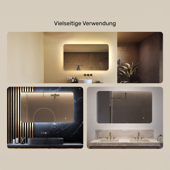 120x70 cm Abgerundeter Badezimmerspiegel mit LED-Beleuchtung, 120x70cm, Zweifarbig, Touch-Schalter