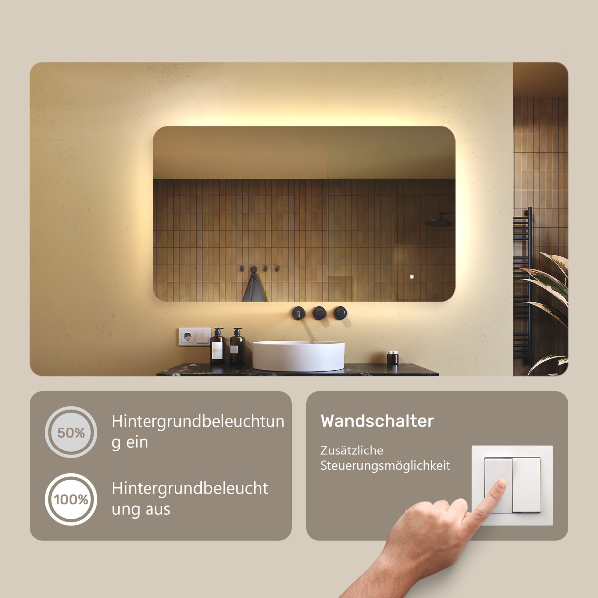 120x70 cm Abgerundeter Badezimmerspiegel mit LED-Beleuchtung, 120x70cm, Zweifarbig, Touch-Schalter