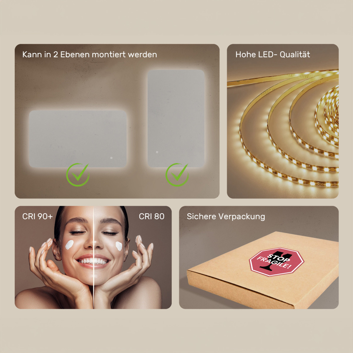 120x70 cm Abgerundeter Badezimmerspiegel mit LED-Beleuchtung, 120x70cm, Zweifarbig, Touch-Schalter