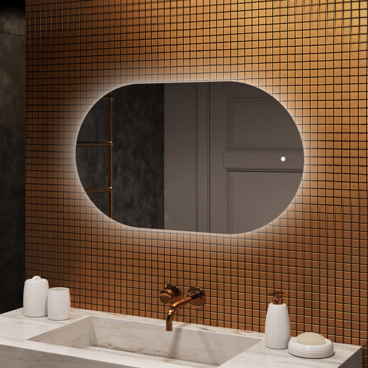 80x50 cm Beleuchteter Badezimmerspiegel, 80x50cm, Zweifarbig, Touch-Schalter