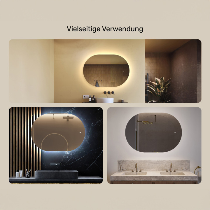 100x70 cm Beleuchteter Badezimmerspiegel, 100x70cm, Zweifarbig, Touch-Schalter