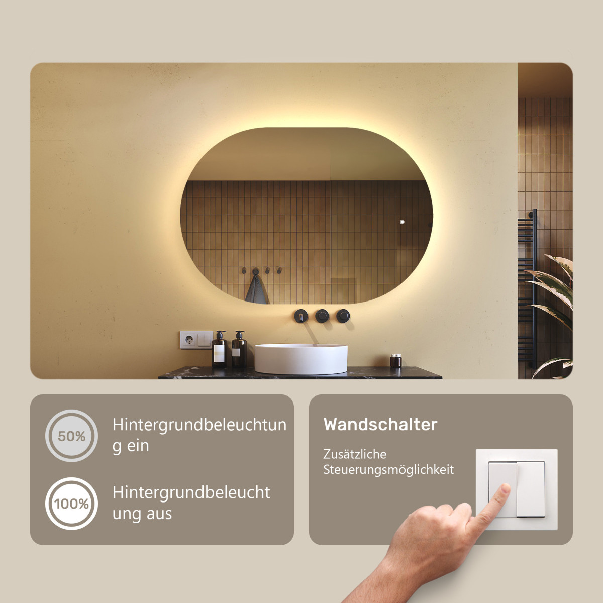 100x70 cm Beleuchteter Badezimmerspiegel, 100x70cm, Zweifarbig, Touch-Schalter