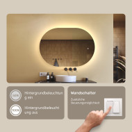 100x70 cm Beleuchteter Badezimmerspiegel, 100x70cm, Zweifarbig, Touch-Schalter