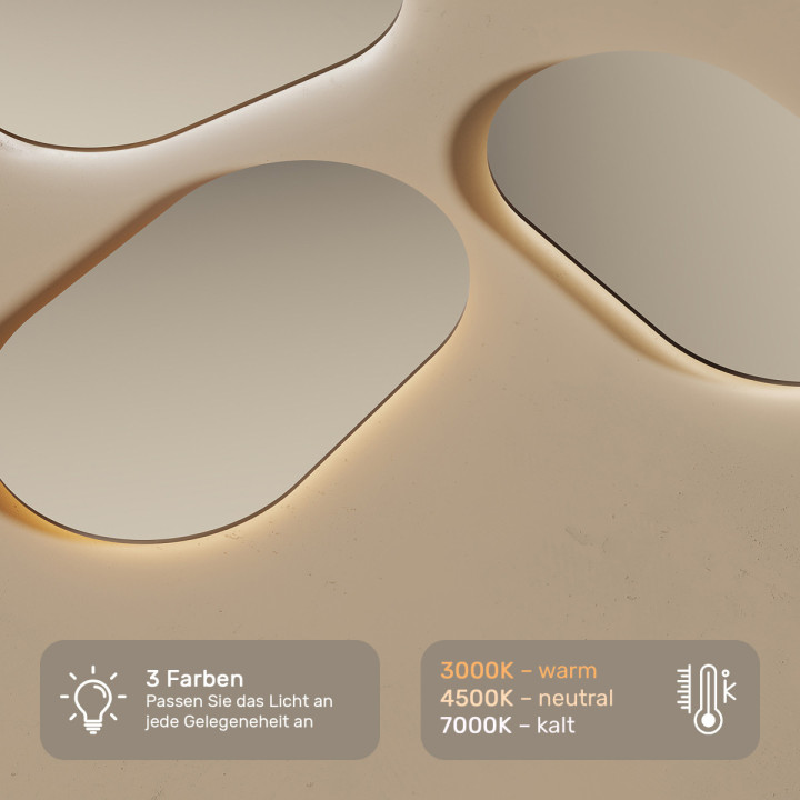 120x70 cm Beleuchteter Badezimmerspiegel, 120x70cm, Zweifarbig, Touch-Schalter