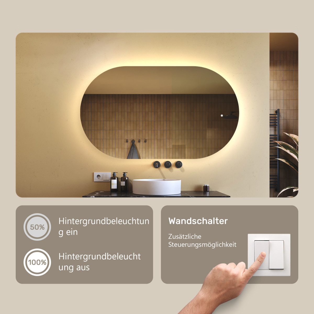 120x70 cm Beleuchteter Badezimmerspiegel, 120x70cm, Zweifarbig, Touch-Schalter