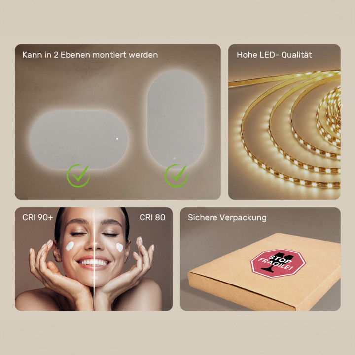 120x70 cm Beleuchteter Badezimmerspiegel, 120x70cm, Zweifarbig, Touch-Schalter