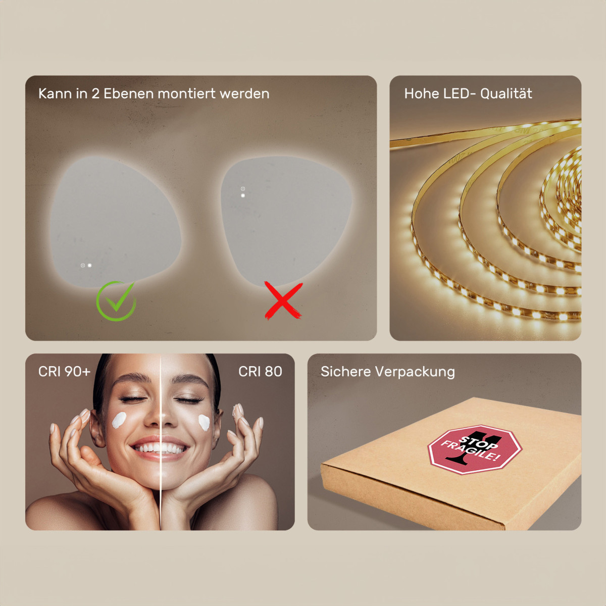 84x84 cm Unregelmäßig beleuchteter Spiegel, 84x84cm, Zweifarbig, Touch-Schalter, Heizmatte