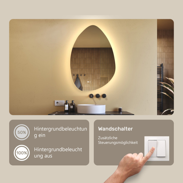 64x94 cm Unregelmäßiger Spiegel mit Beleuchtung, 64x94cm, Zweifarbig, Touch-Schalter, Heizmatte