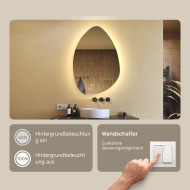 64x94 cm Unregelmäßiger Spiegel mit Beleuchtung, 64x94cm, Zweifarbig, Touch-Schalter, Heizmatte