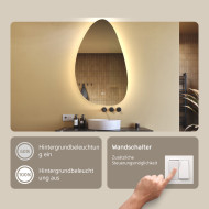 64x104 cm Unregelmäßiger Spiegel mit Beleuchtung, 64x104cm, Zweifarbig, Touch-Schalter, Heizmatte