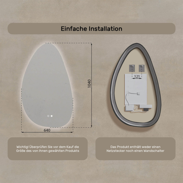 64x104 cm Unregelmäßiger Spiegel mit Beleuchtung, 64x104cm, Zweifarbig, Touch-Schalter, Heizmatte