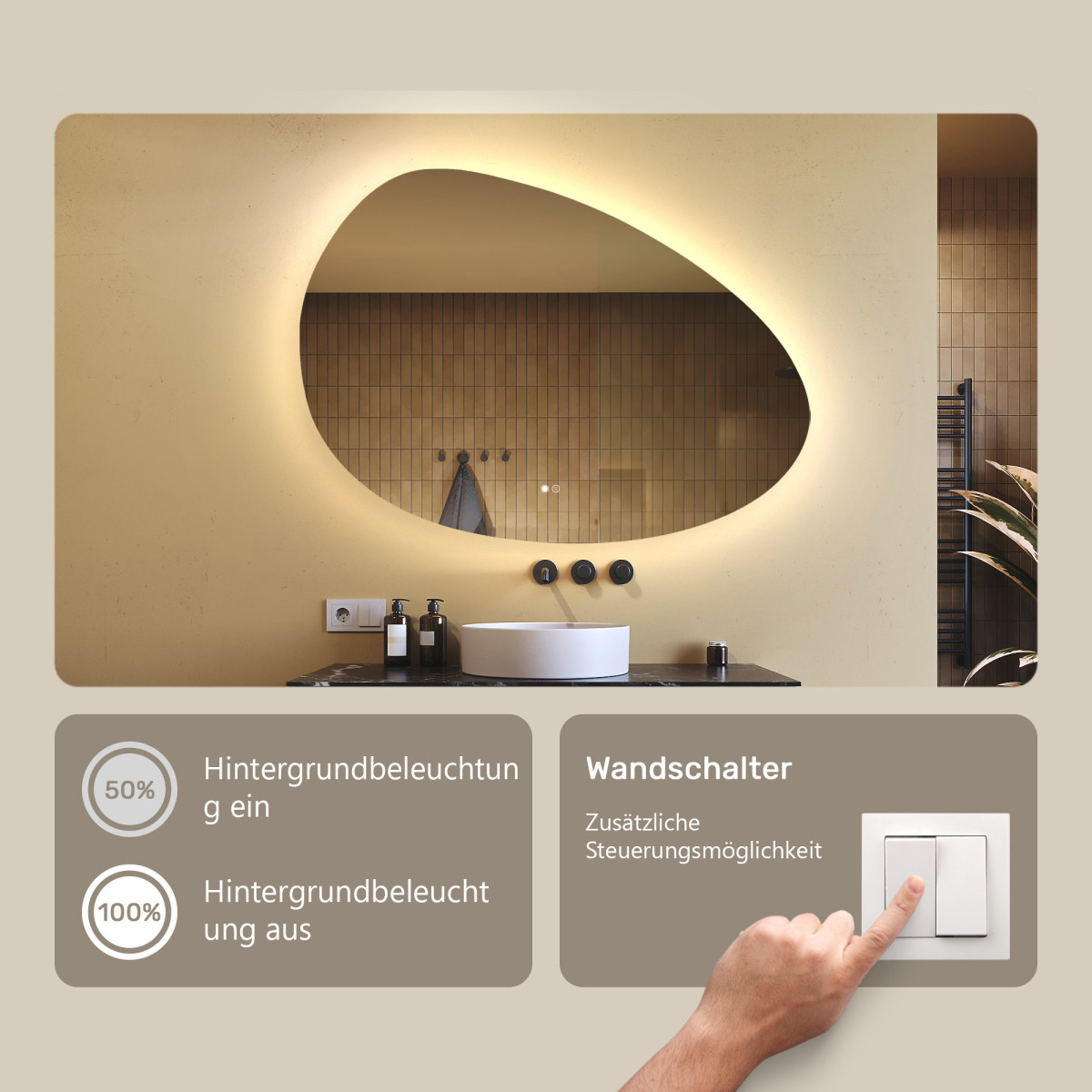 114x84 cm Beleuchteter unregelmäßiger Spiegel, 114x84cm, Zweifarbig, Touch-Schalter, Heizmatte