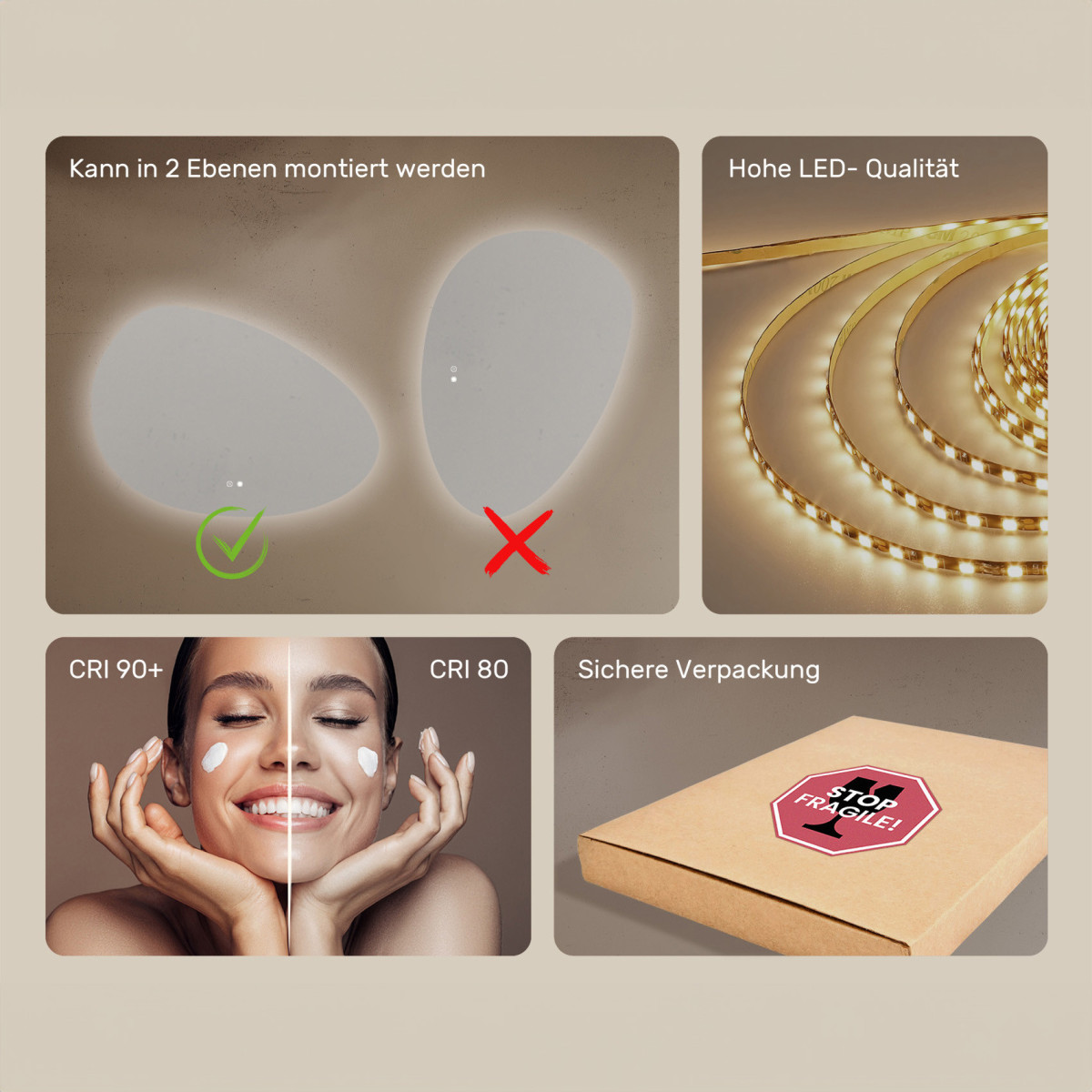 114x84 cm Beleuchteter unregelmäßiger Spiegel, 114x84cm, Zweifarbig, Touch-Schalter, Heizmatte