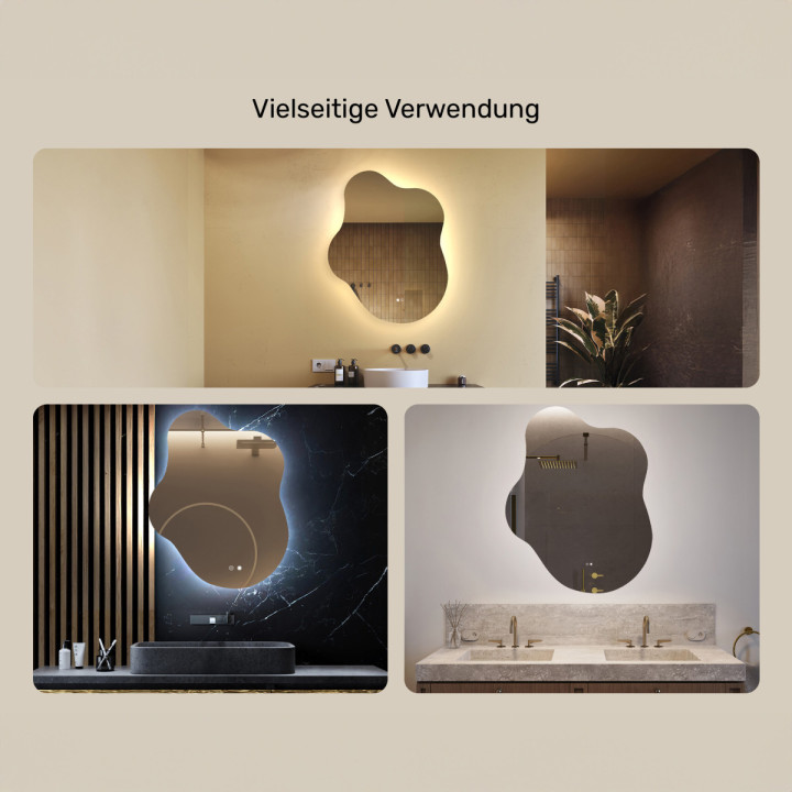 74x94 cm Unregelmäßiger Spiegel mit Beleuchtung, 74x94cm, Zweifarbig, Touch-Schalter, Heizmatte