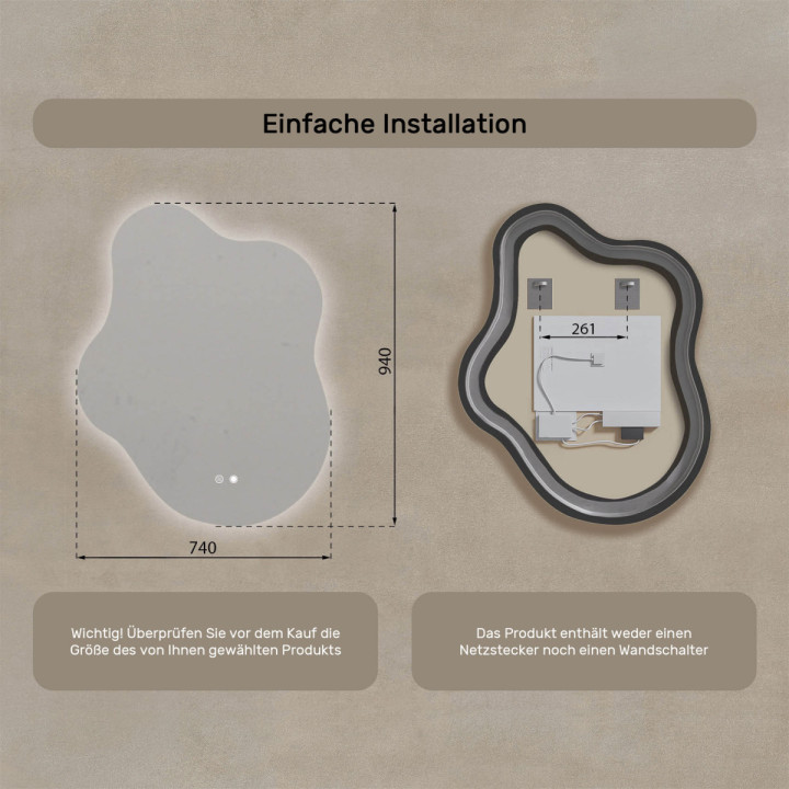74x94 cm Unregelmäßiger Spiegel mit Beleuchtung, 74x94cm, Zweifarbig, Touch-Schalter, Heizmatte