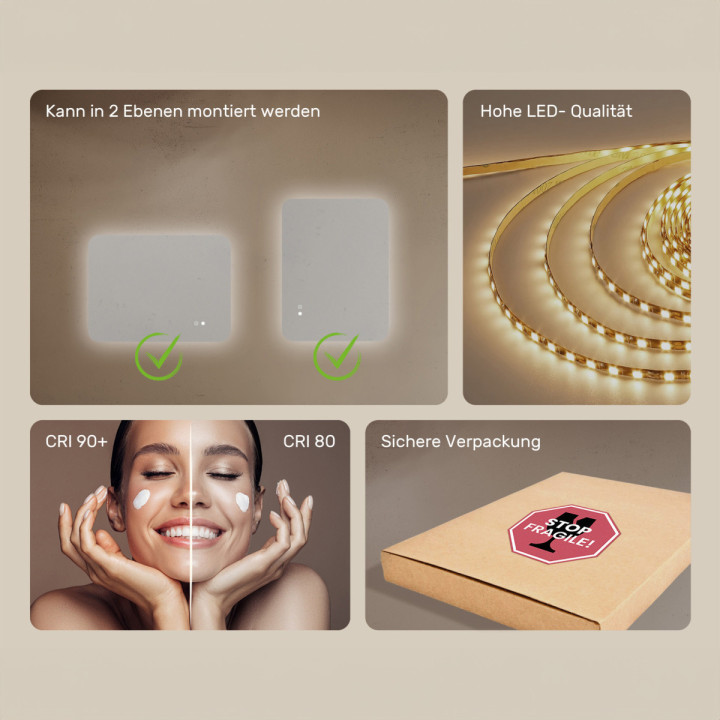 80x60 cm Abgerundeter Badezimmerspiegel mit LED-Beleuchtung, 80x60cm, Zweifarbig, Touch-Schalter, Heizmatte