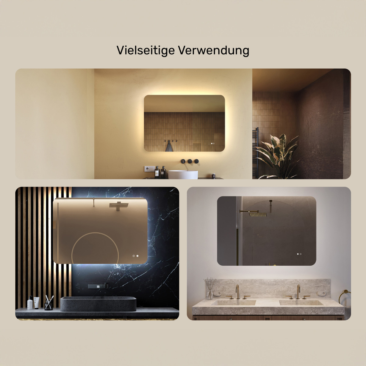 100x70 cm Abgerundeter Badezimmerspiegel mit LED-Beleuchtung, 100x70cm, Zweifarbig, Berührungsempfindlicher Schalter, Heizmatte