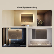 100x70 cm Abgerundeter Badezimmerspiegel mit LED-Beleuchtung, 100x70cm, Zweifarbig, Berührungsempfindlicher Schalter, Heizmatte