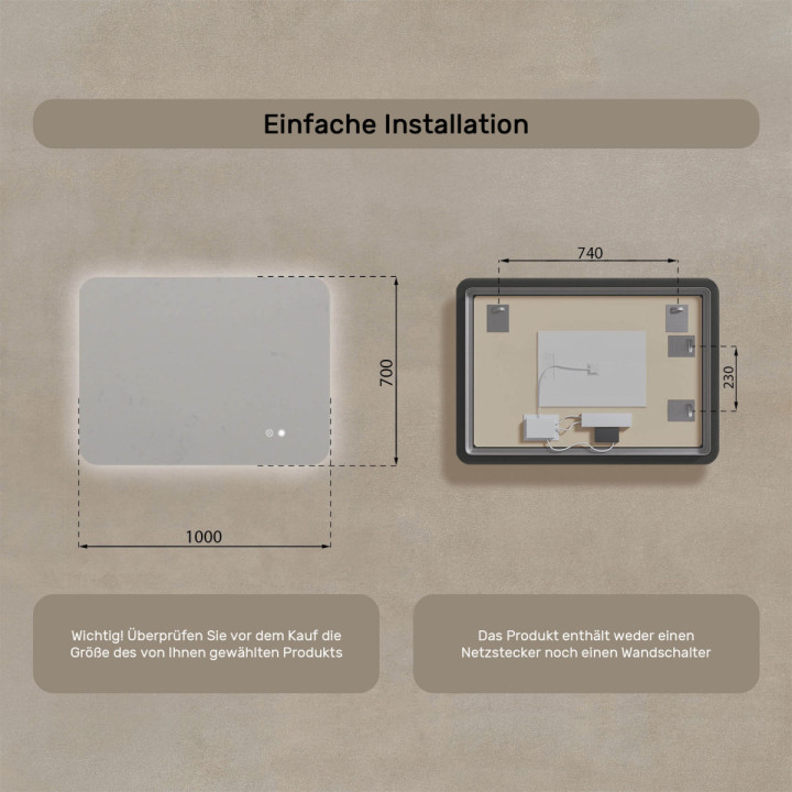 100x70 cm Abgerundeter Badezimmerspiegel mit LED-Beleuchtung, 100x70cm, Zweifarbig, Berührungsempfindlicher Schalter, Heizmatte
