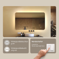 120x70 cm Abgerundeter Badezimmerspiegel mit LED-Beleuchtung, 120x70cm, Zweifarbig, Touch-Schalter, Heizdecke