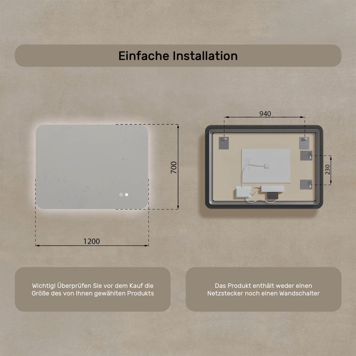 120x70 cm Abgerundeter Badezimmerspiegel mit LED-Beleuchtung, 120x70cm, Zweifarbig, Touch-Schalter, Heizdecke